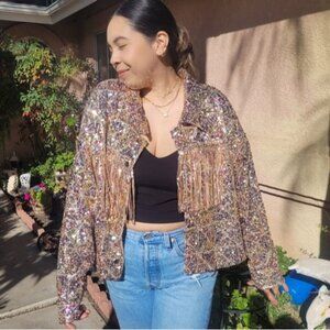 Miss me Sequin crop fringejaket  rosegold size L